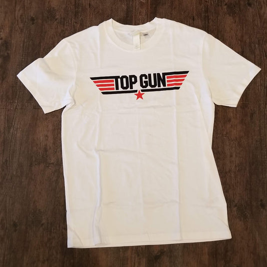 H&M Top Gun Movie Logo White Graphic Shirt Blue Red Stripes Star Size Small