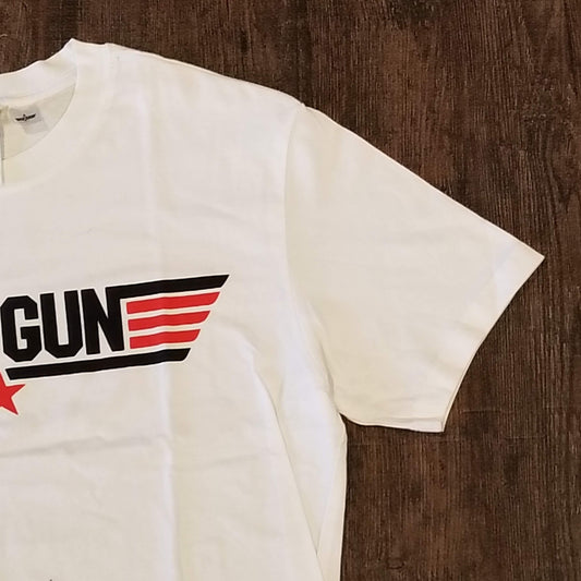 H&M Top Gun Movie Logo White Graphic Shirt Blue Red Stripes Star Size Small
