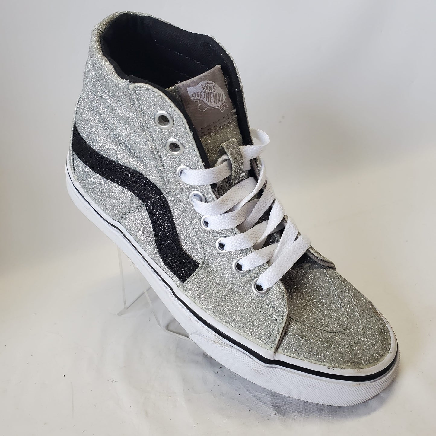 Vans SK8 Silver Glitter Hi Tops with Black Stripe 721277 Womens Size 6