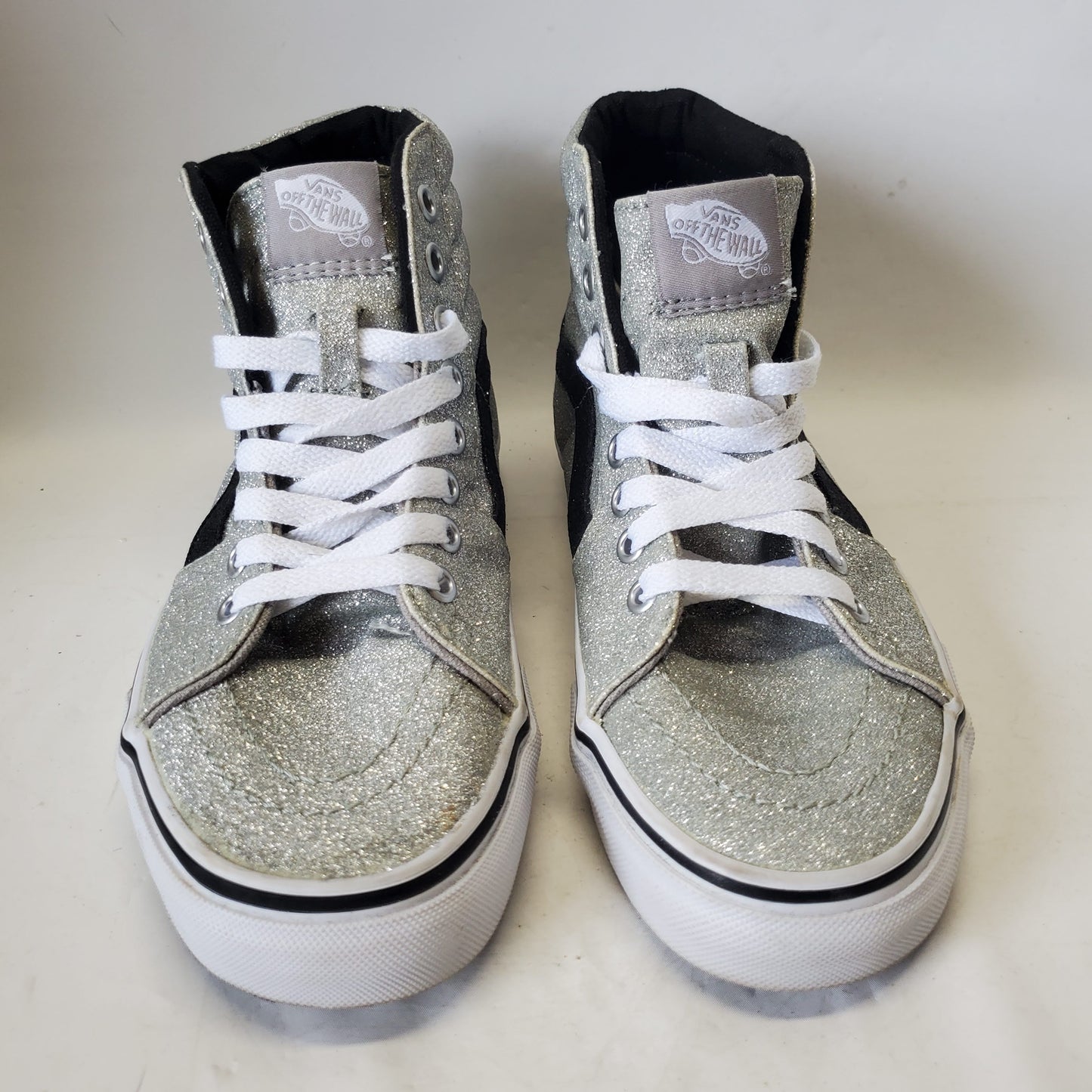 Vans SK8 Silver Glitter Hi Tops with Black Stripe 721277 Womens Size 6