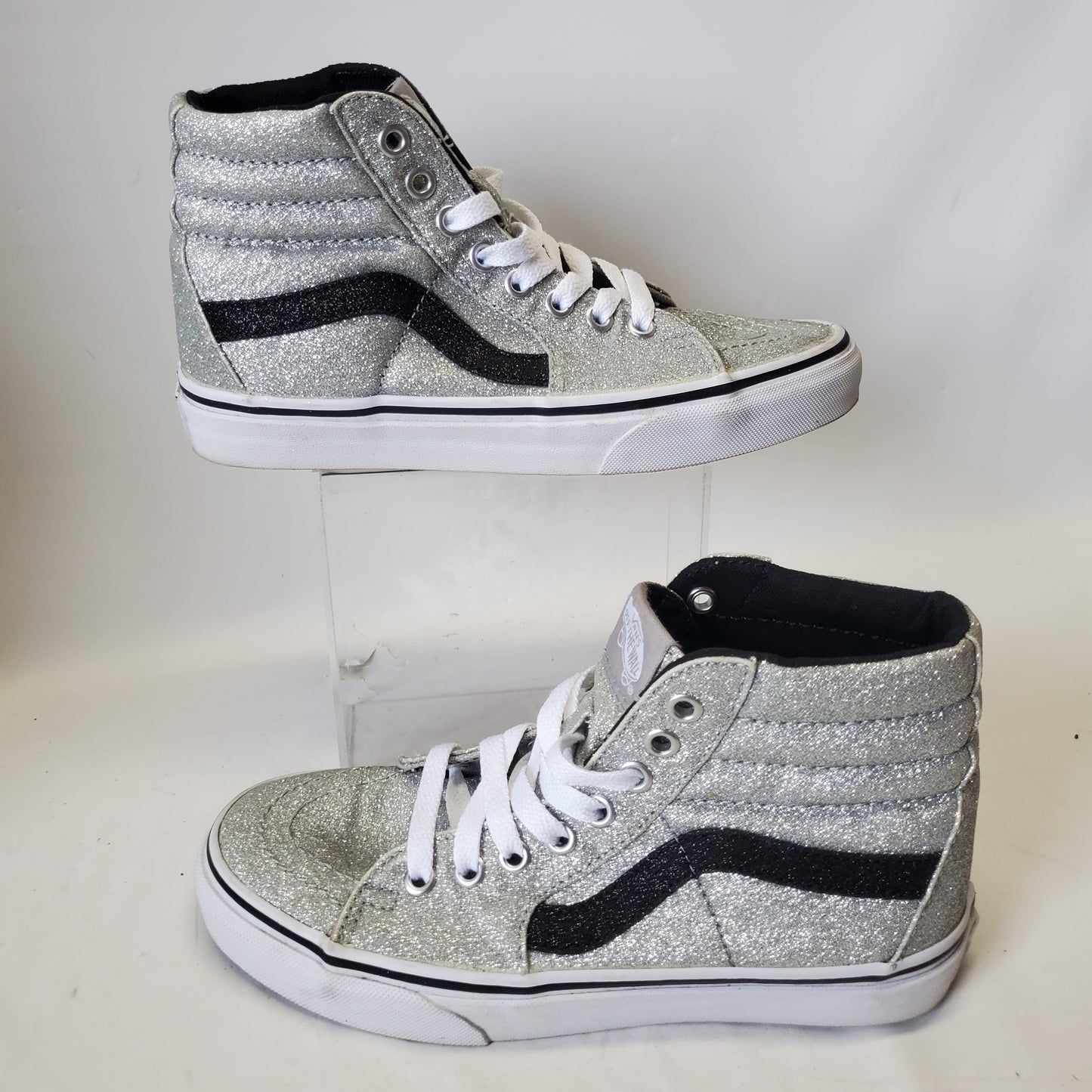 Vans SK8 Silver Glitter Hi Tops with Black Stripe 721277 Womens Size 6