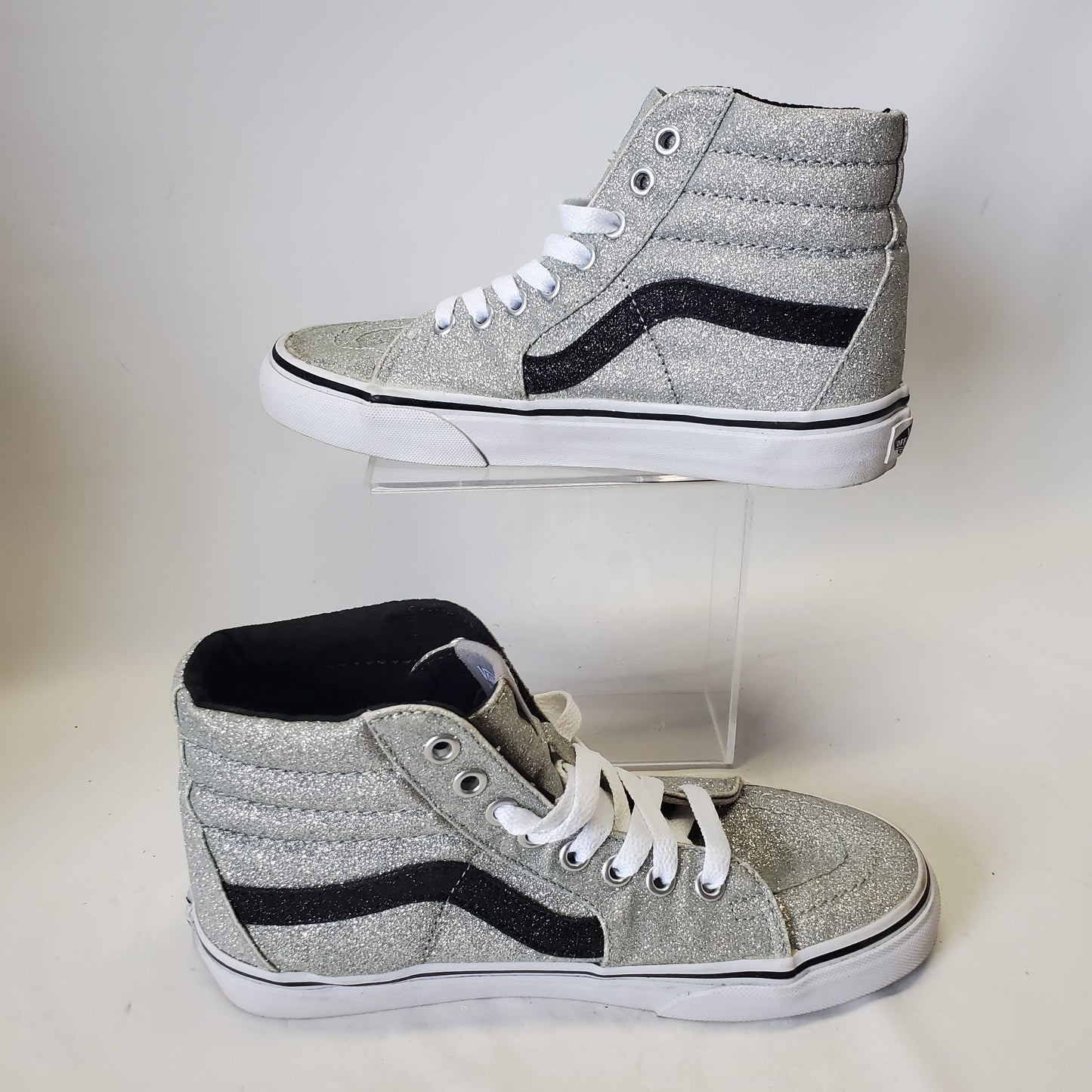Vans SK8 Silver Glitter Hi Tops with Black Stripe 721277 Womens Size 6