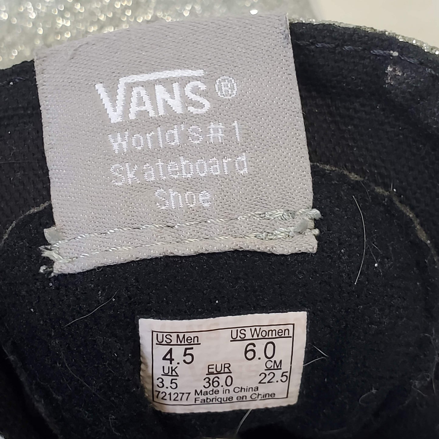 Vans SK8 Silver Glitter Hi Tops with Black Stripe 721277 Womens Size 6